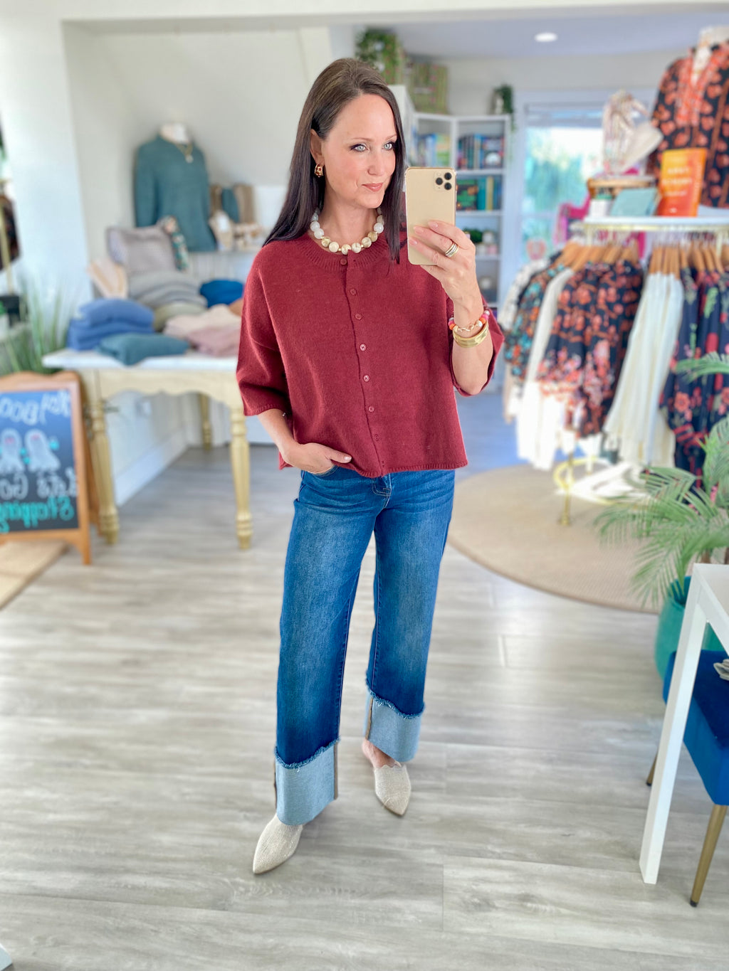 Dropped Shoulder Short Sleeve Button Cardigan