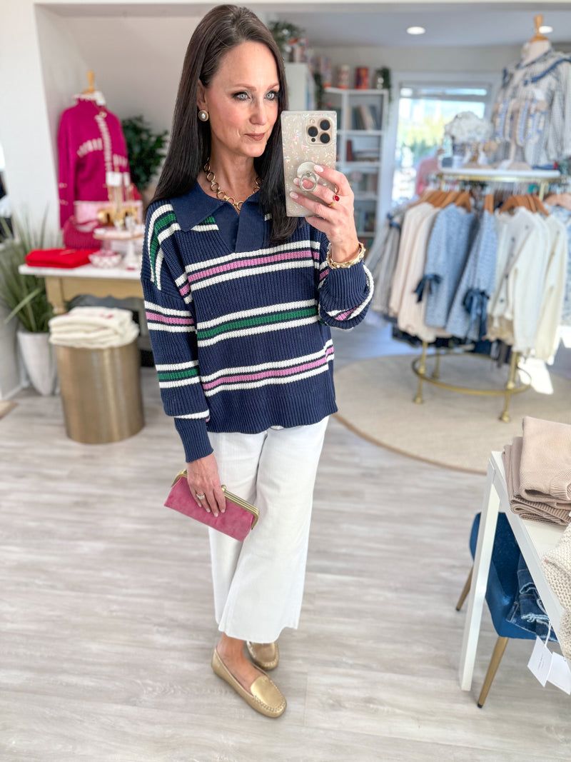 Mixed Stripe Collared V Neck Sweater