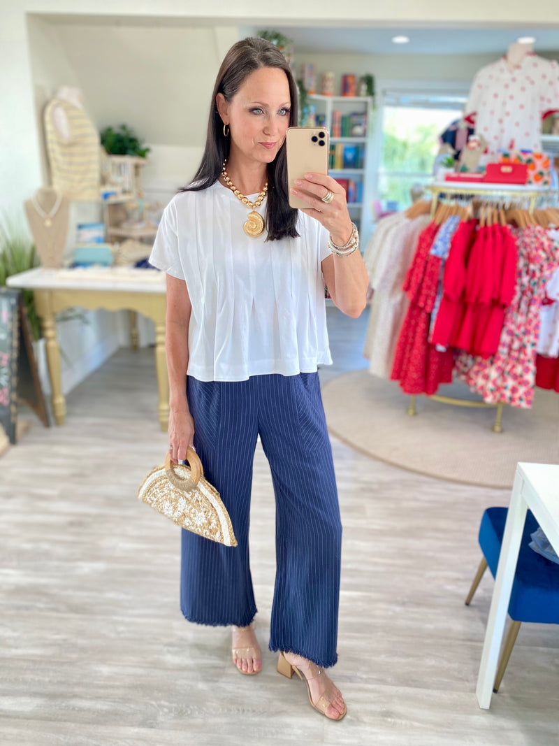 Cotton Knit Pleated Front Short Sleeve Top