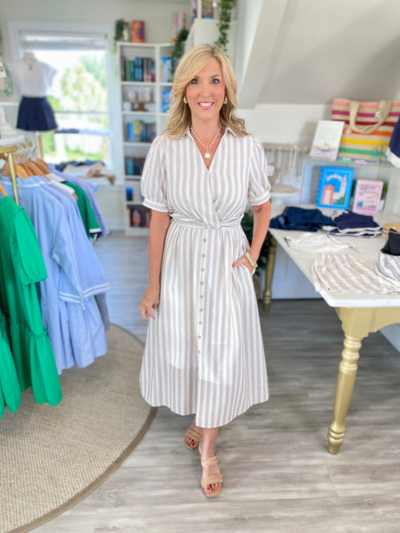 Embroidered Stripe Twist Waist Midi Dress