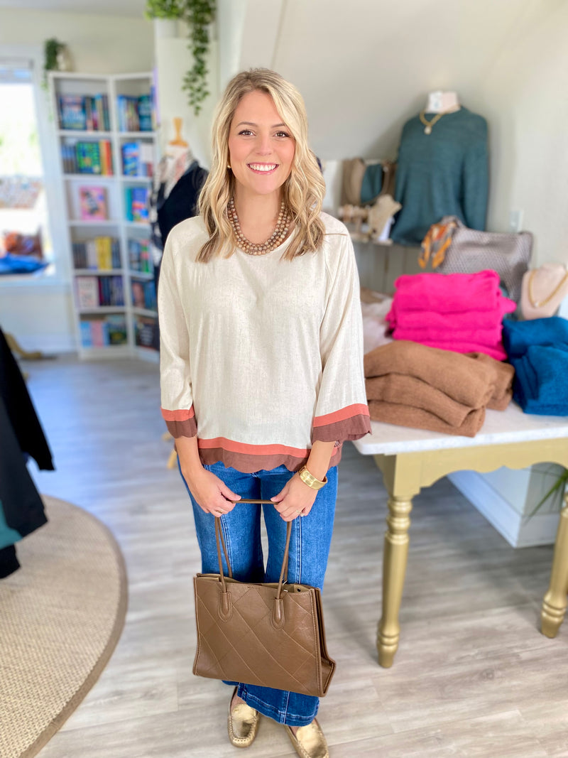 Linen Blend Scalloped Hem Color Block Top