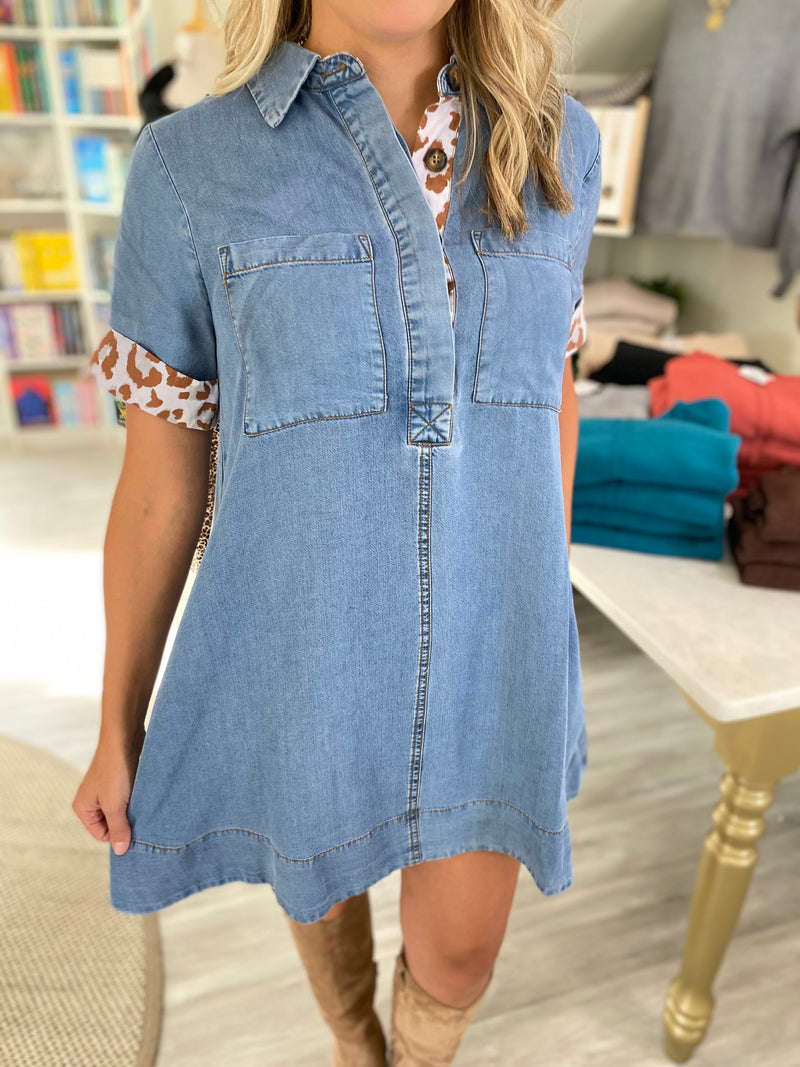 Animal Print Trim Denim Mini Dress