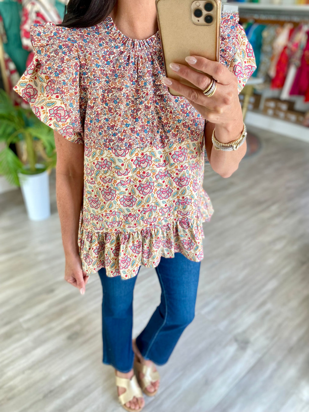 Mixed Print Riffle Sleeve Top