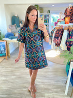 V-Ruffle Neck Mandala Jaquard Dress