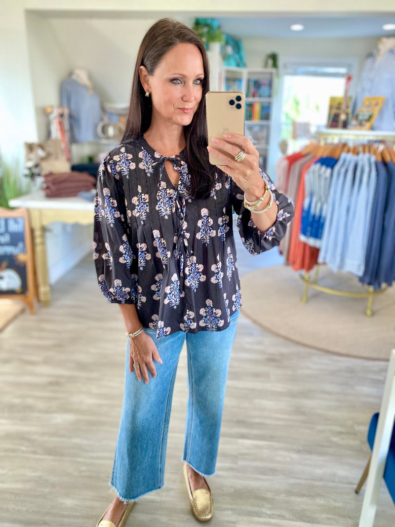 Botanical  Floral Tie-Neck Blouse