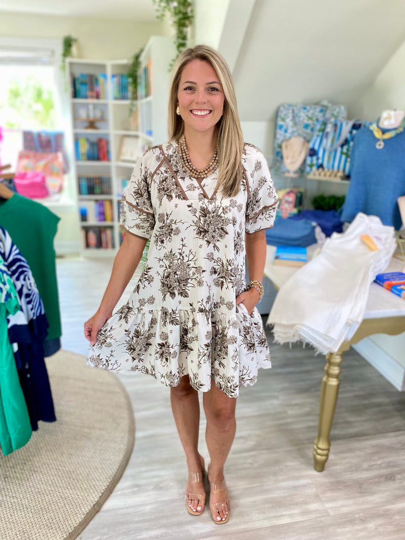 Floral Print Piping Detail V Neck Mini Dress