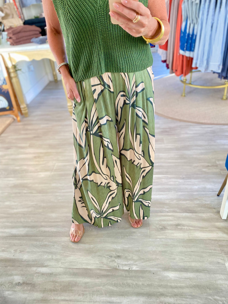 Tropical Leaf Print Wide Leg Pants