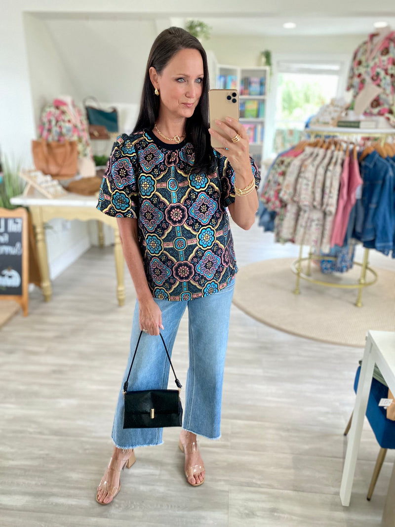 Puff Sleeve Mandala Jacqaurd Print Top