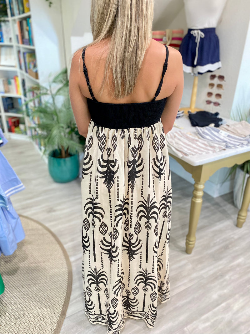 Two Tone Tropical Print Empire Waist Maxi Dress