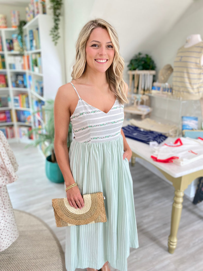 Floral Embroidery And Stripe Mix Cami Midi Dress