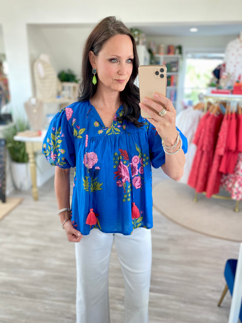 THML Puff Sleeve Tassel Tie Flower Top