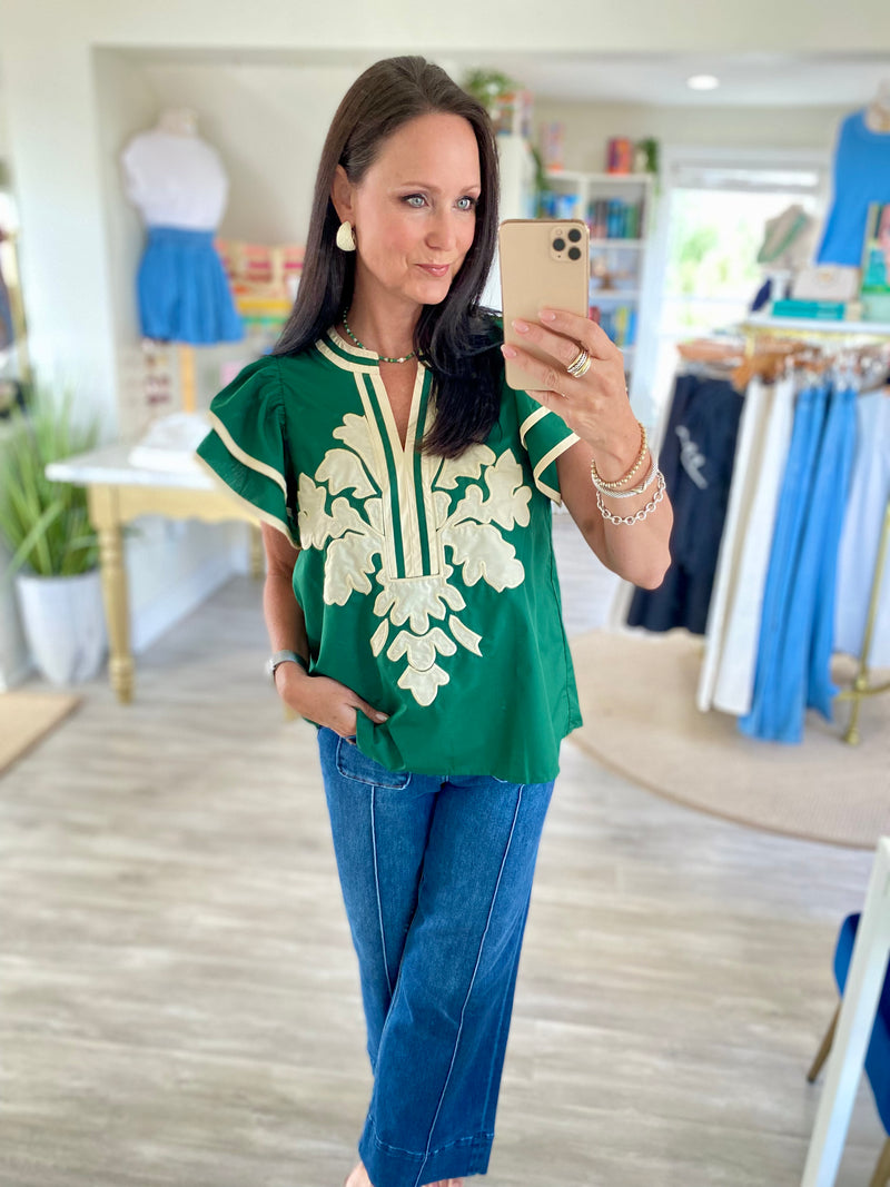 Flutter Sleeve Embroidered Appliqué Top