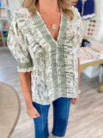 Print Smocked Ruffle V Neck Top