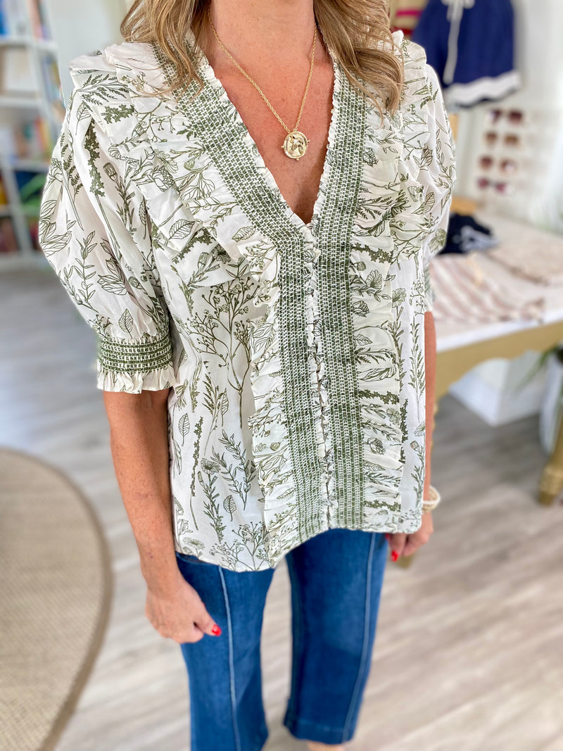 Print Smocked Ruffle V Neck Top