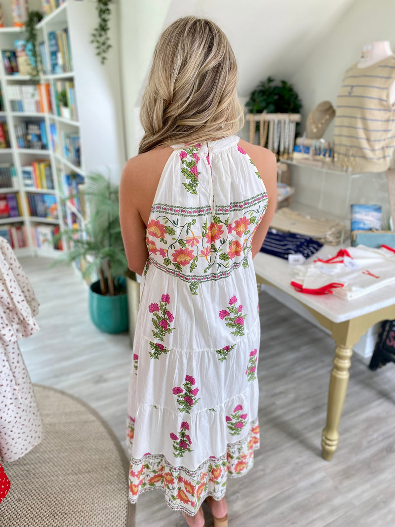 THML Floral and Border Print Halter Midi Dress