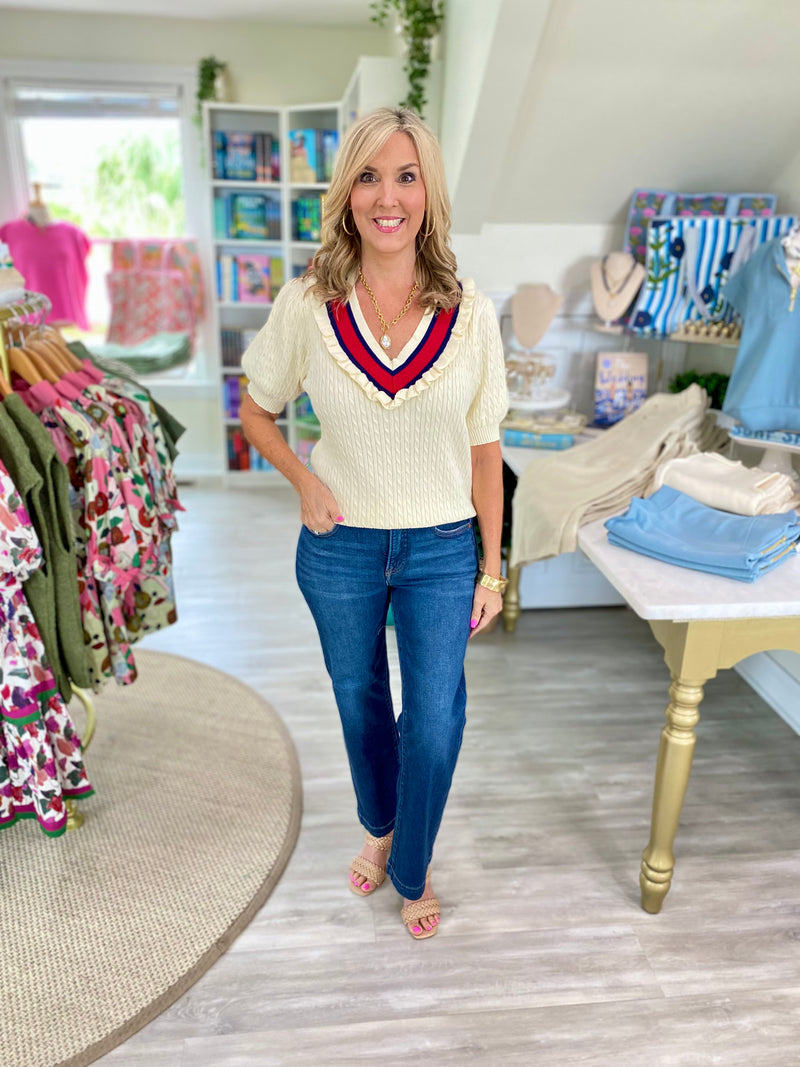 Contrast Stripe V Neck Short Sleeve Sweater