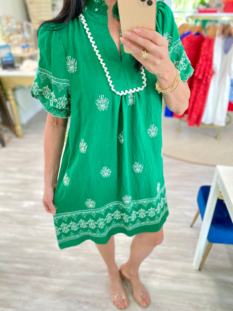 Embroidered  Smocked Standup Collar Mini Dress