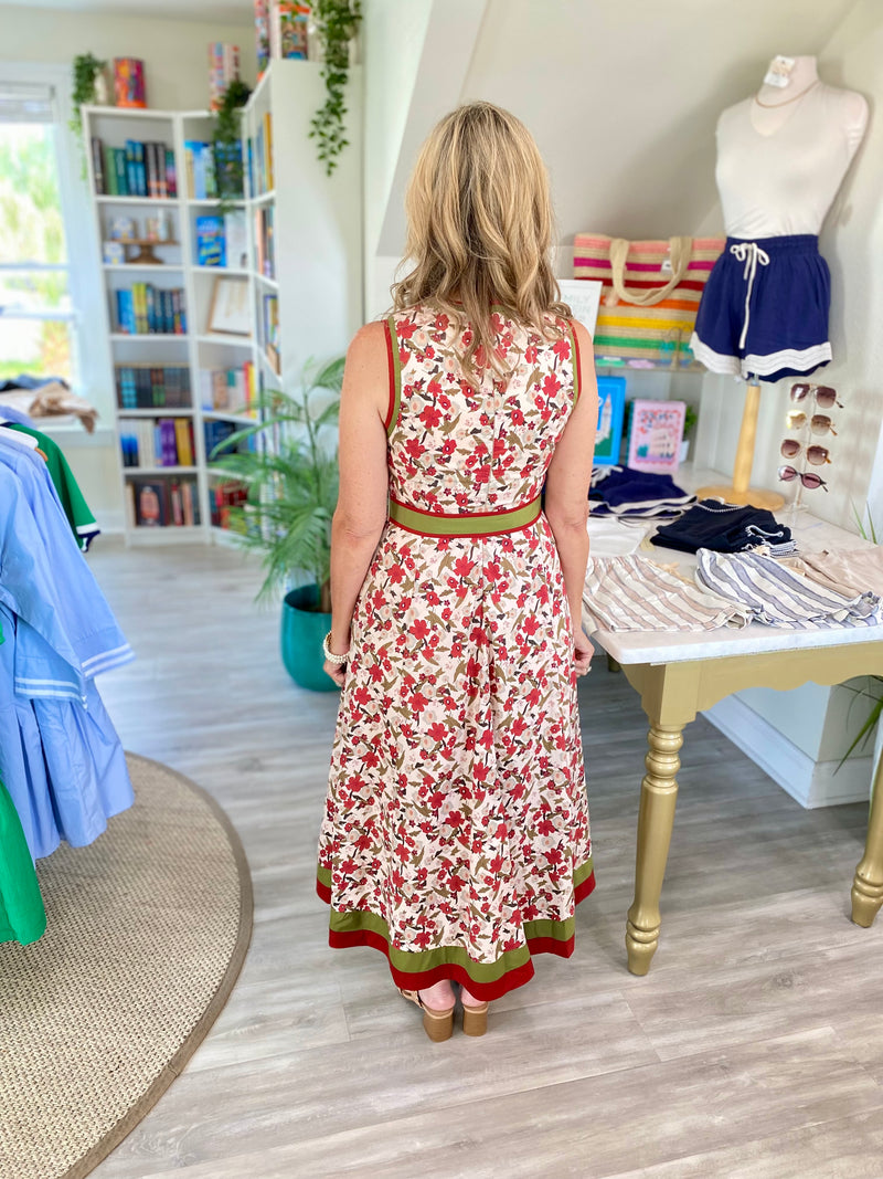 Sleeveless Floral Print Contrast Stripe Tie Waist Midi Dress