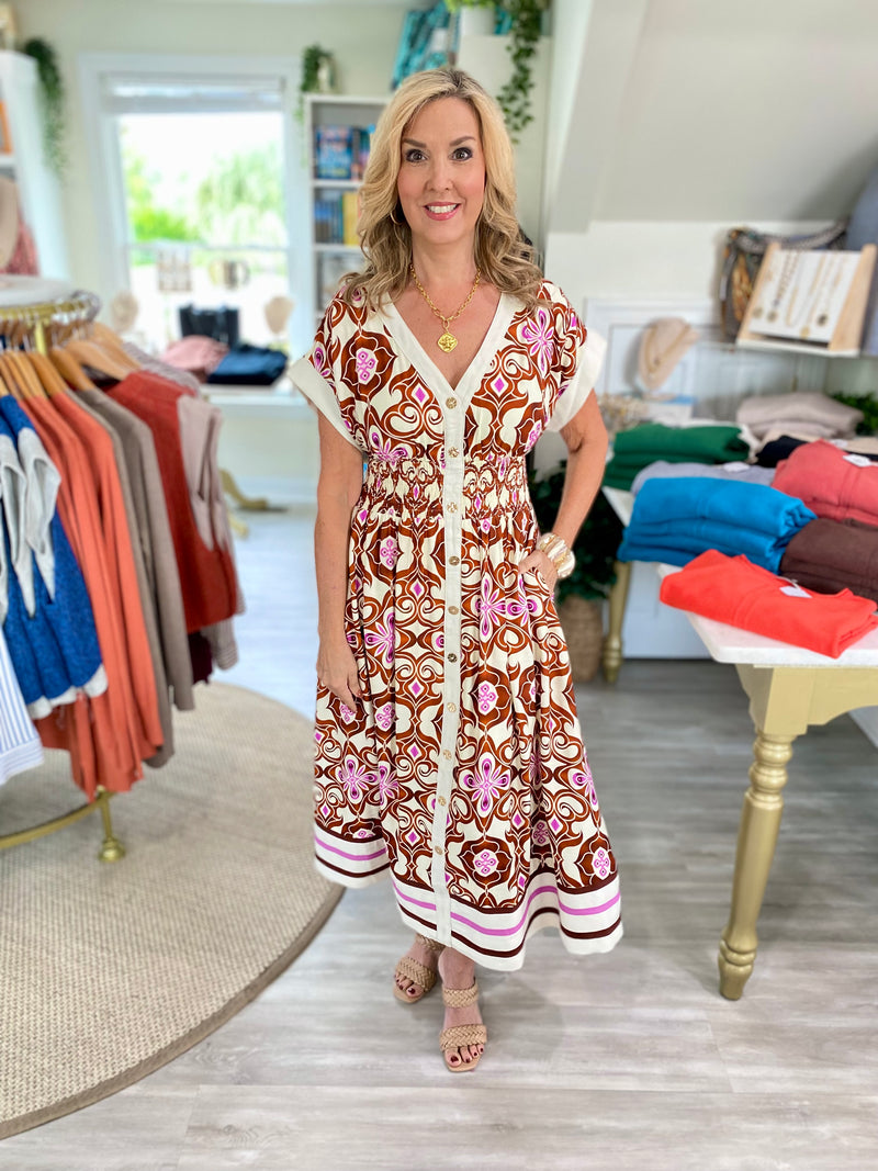 Geometric Botanical Print Cap Sleeve Midi Dress