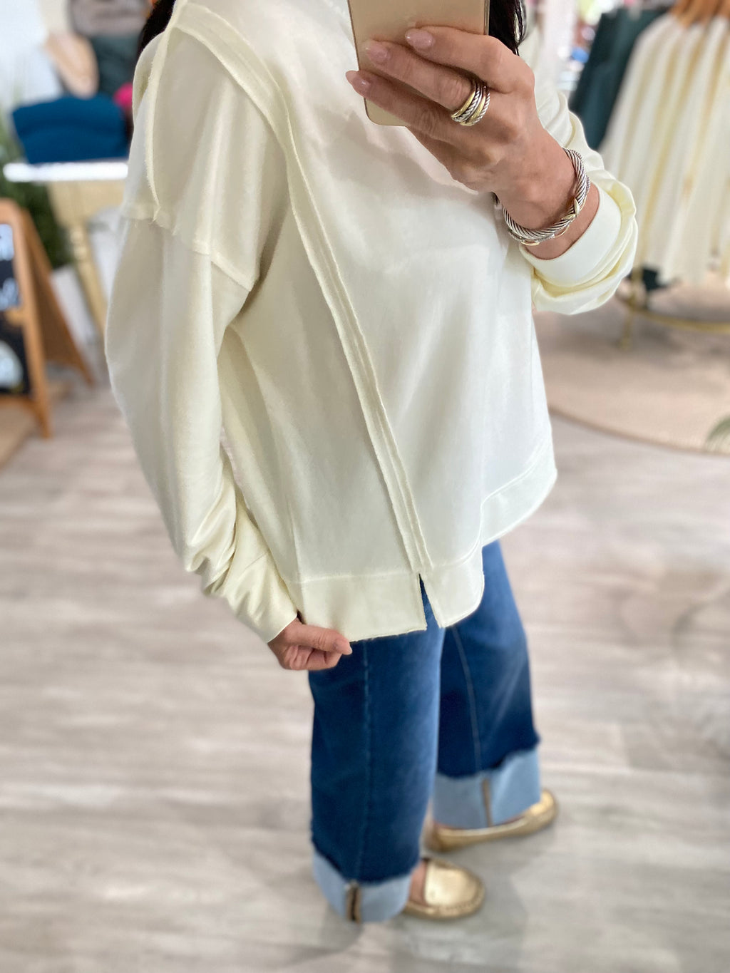 Washed V-Neck Exposed Seam Knit Top