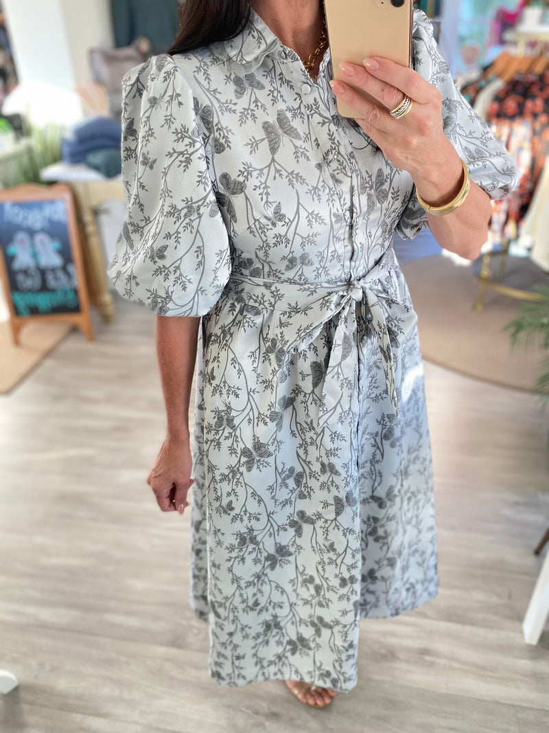 Floral Jacquard Button Front Tie Waist Midi Dress