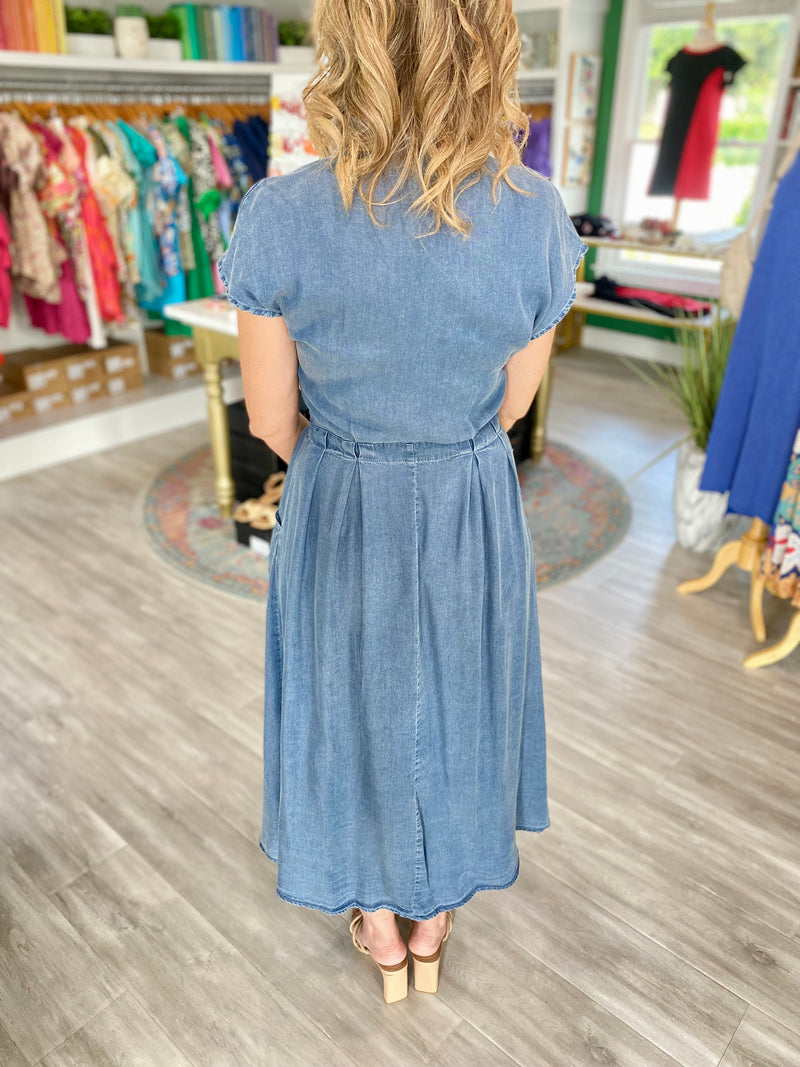 Chambray Tie Waist Midi Shirt Dress