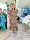 Floral Print Button Bust Short Puff Sleeve Midi Dress
