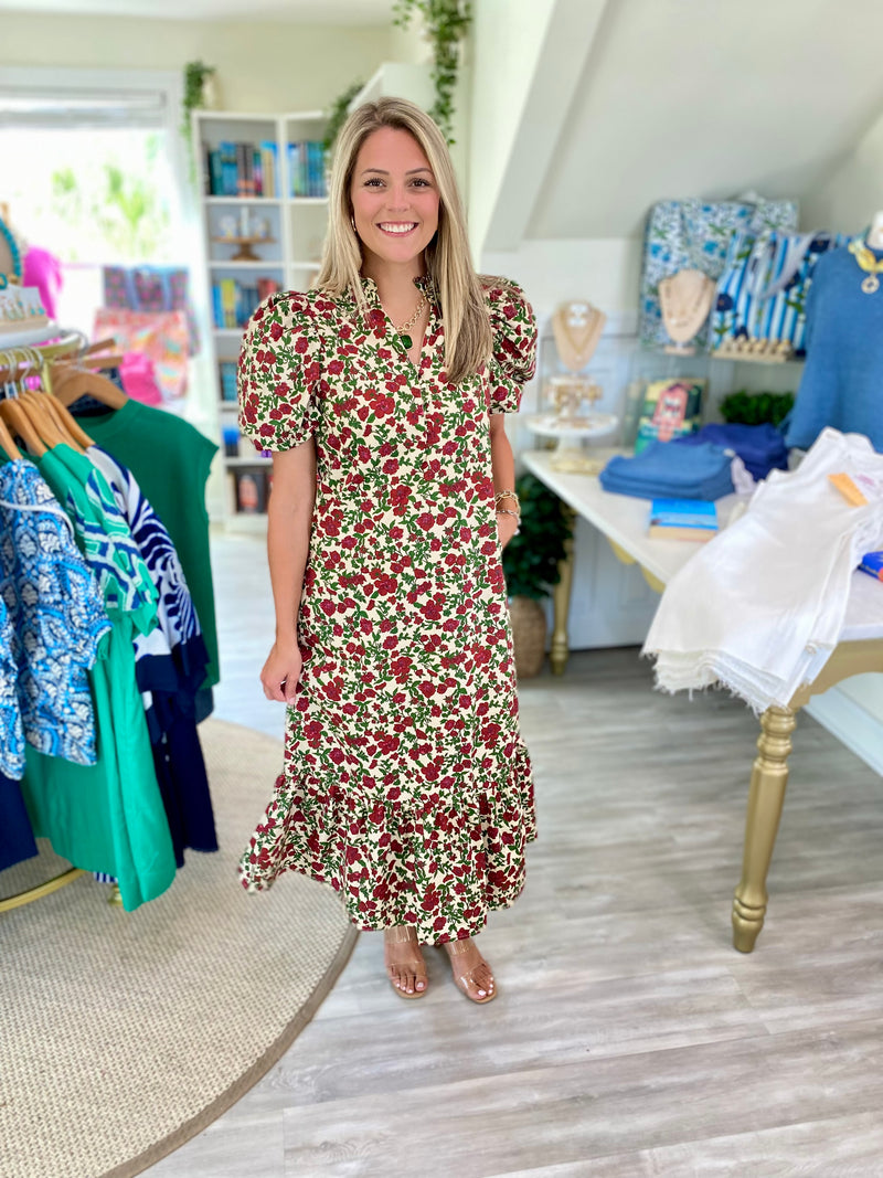 Floral Print Button Bust Short Puff Sleeve Midi Dress