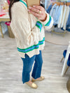 Cable Knit V Neck Varsity Sweater