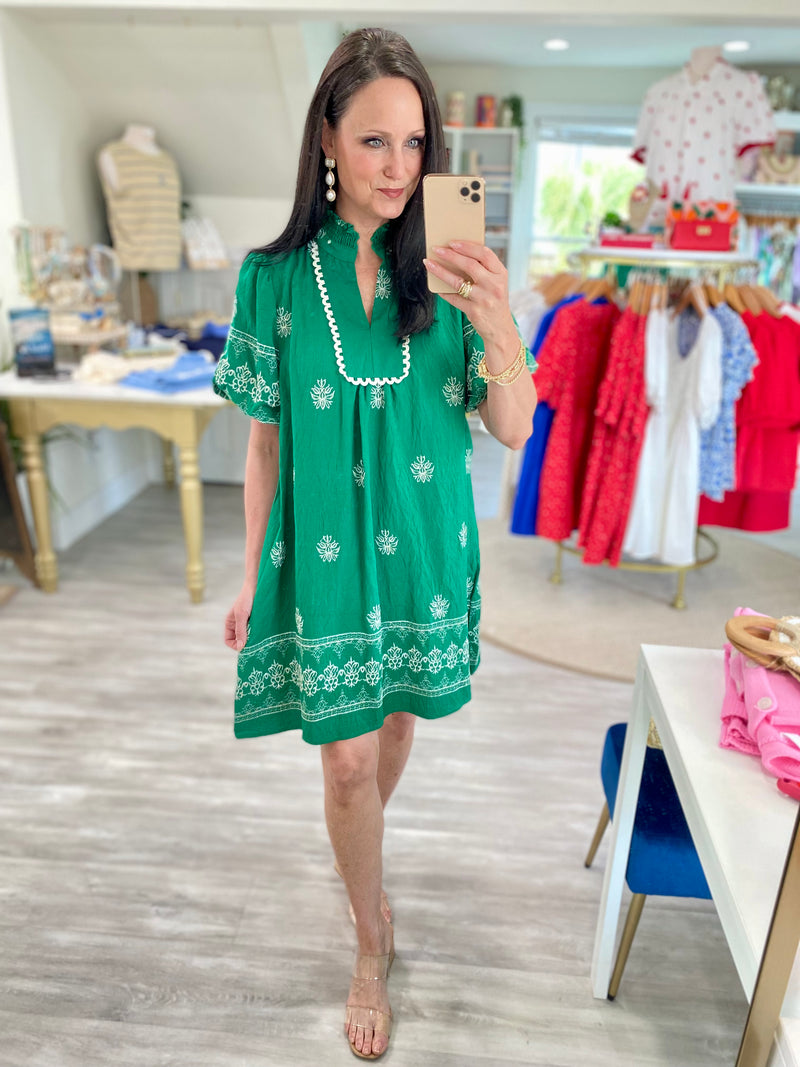 Embroidered  Smocked Standup Collar Mini Dress