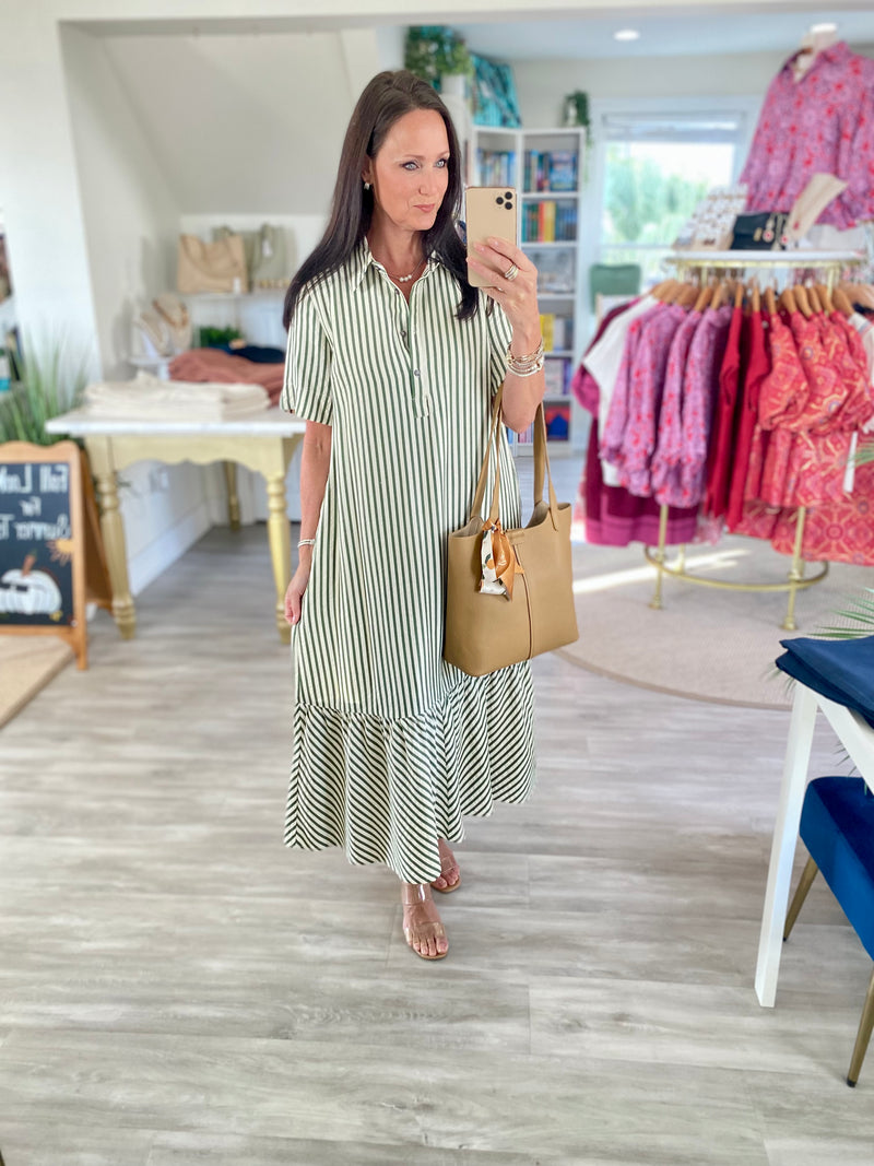 Stripe Seersucker Short Sleeve Button Down Midi Dress
