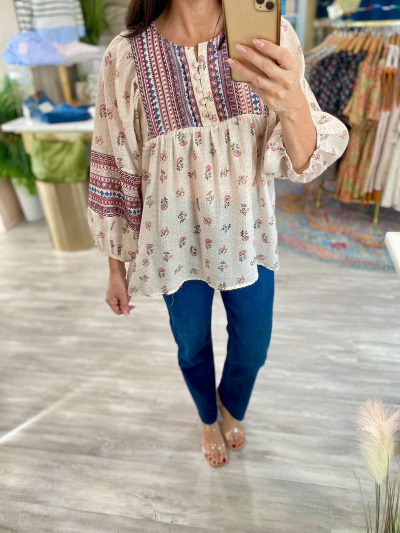 Mixed Print Peasant Top