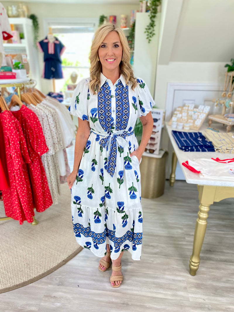 Mixed Floral Print Tie Waist Collared Midi Dress
