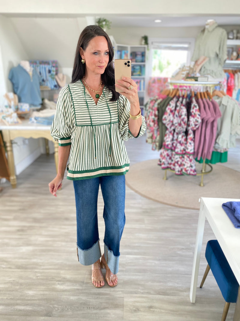 Banded Stripe 3/4 Sleeve Front Tie Top