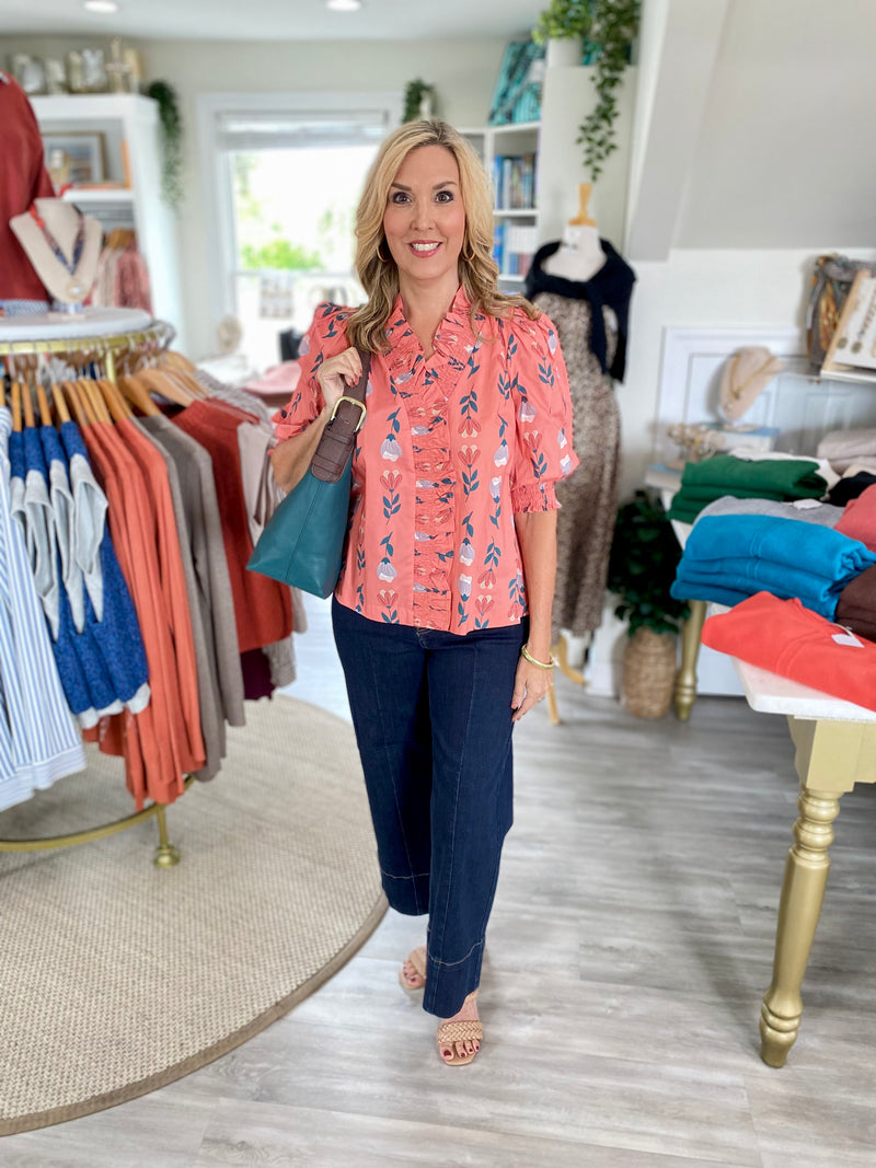 Floral Ruffle Surplice V Neck  Puff Sleeve Blouse
