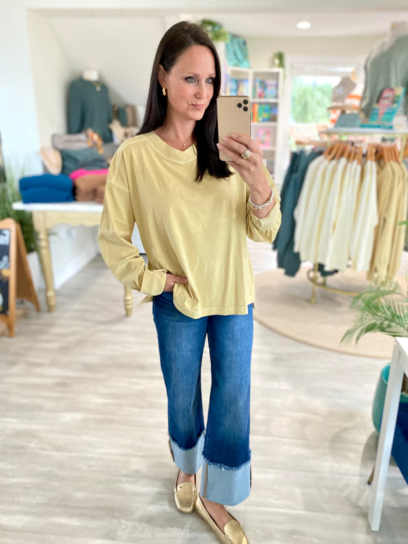 Pigment Wash V Neck Long Sleeve Tee