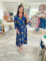 Floral Print 3/4 Sleeve Collared V Neck Midi Dress