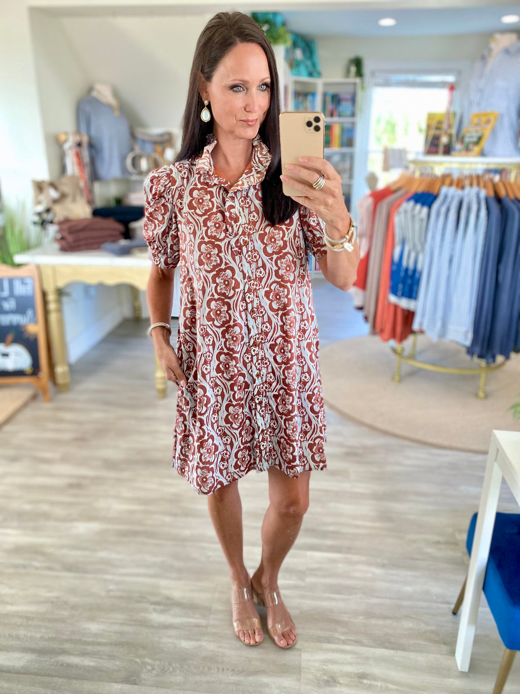 Two Tone Floral Print Ruffle Collar Button Front Mini Dress
