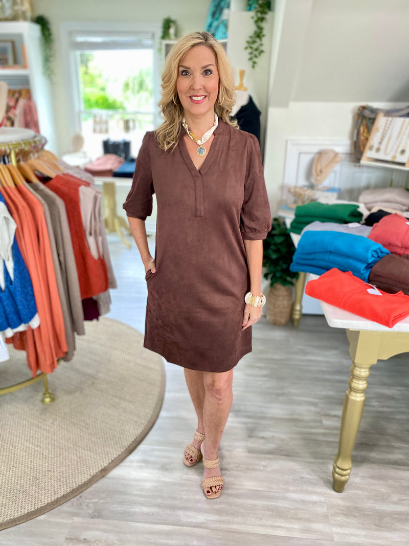 Faux Suede V Neck 3/4 Sleeve Mini Dress