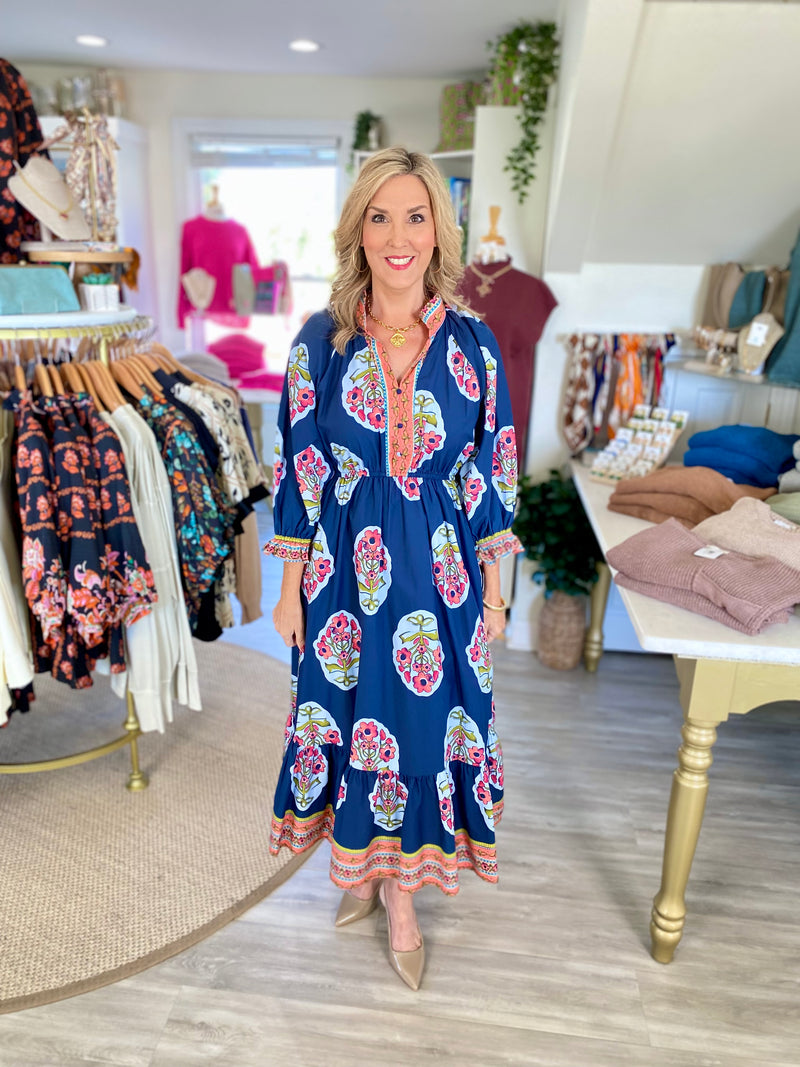 Flower Patch Boarder Print V-Neck Midi Dress