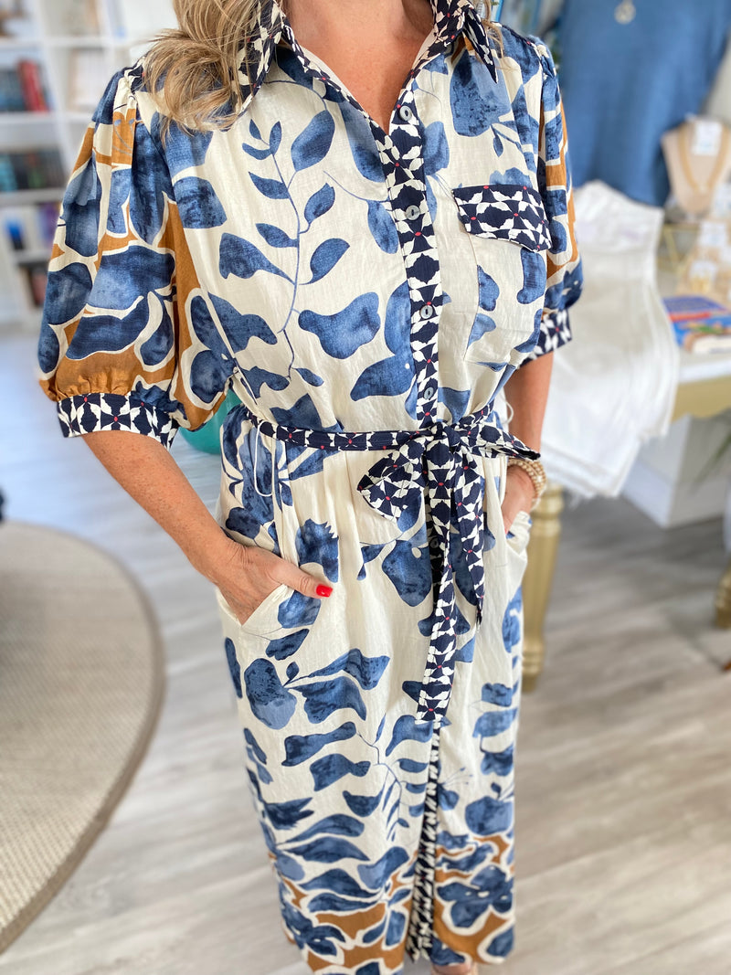 Botanical Print 3/4 Sleeve Shirt Midi Dress