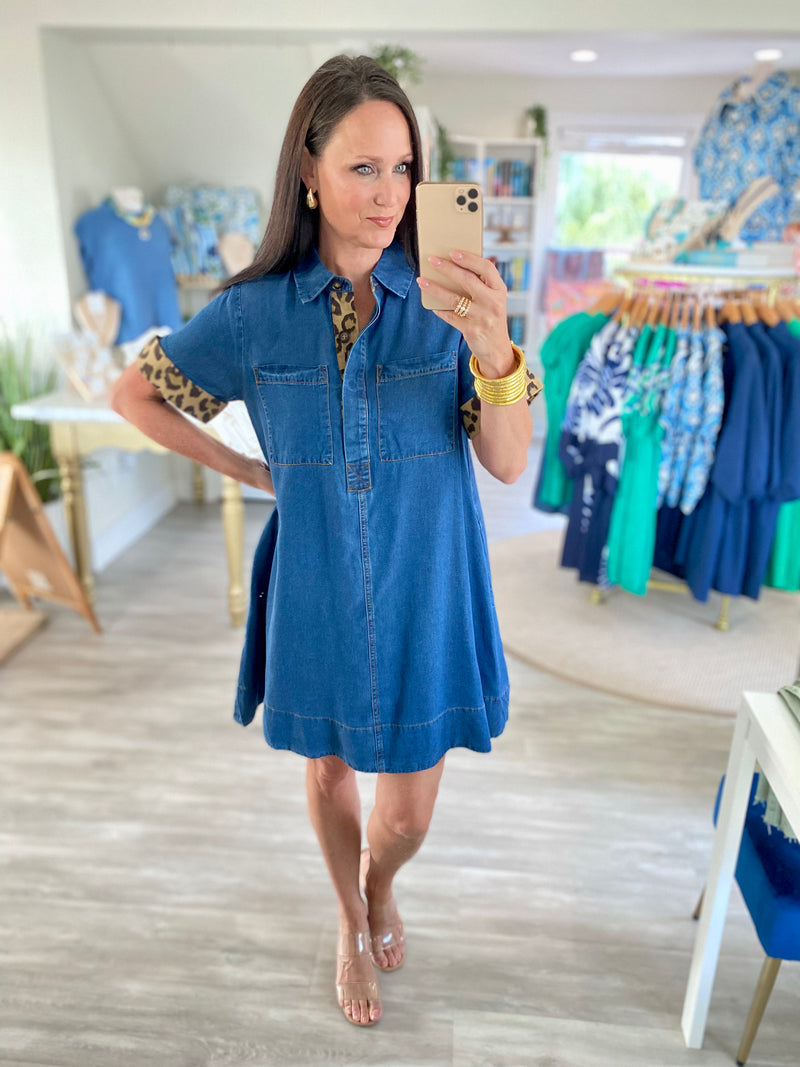 Animal Print Trim Denim Mini Dress