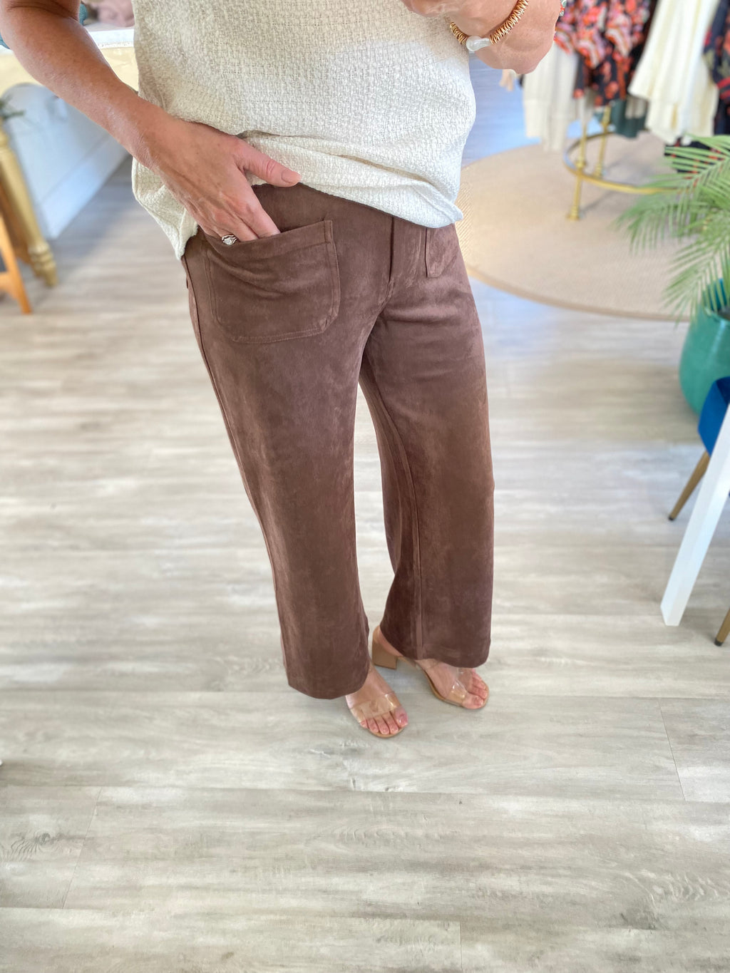 Faux Suede Front Pocket Cropped Pants