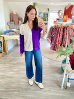 Color Block Collared V Neck Knit Top