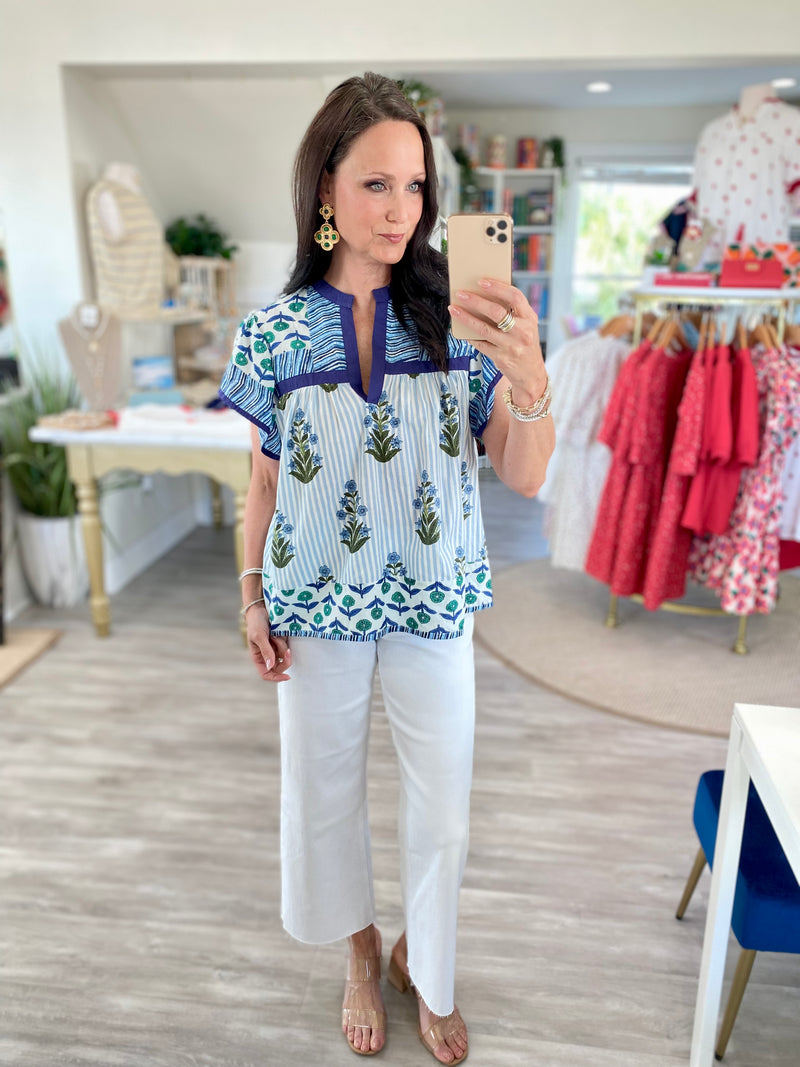 THML Mixed Floral Print Split Neck Short Sleeve Top