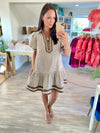 Textured Stripe Short Puff Sleeve Mini Dress