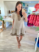 Textured Stripe Short Puff Sleeve Mini Dress