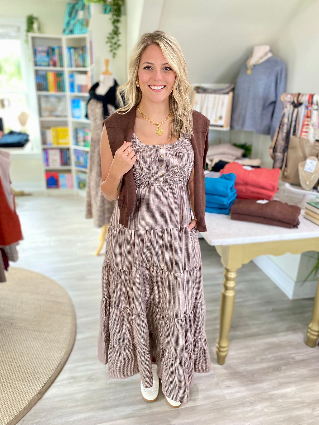 Smocked Bust Gingham Midi Dress