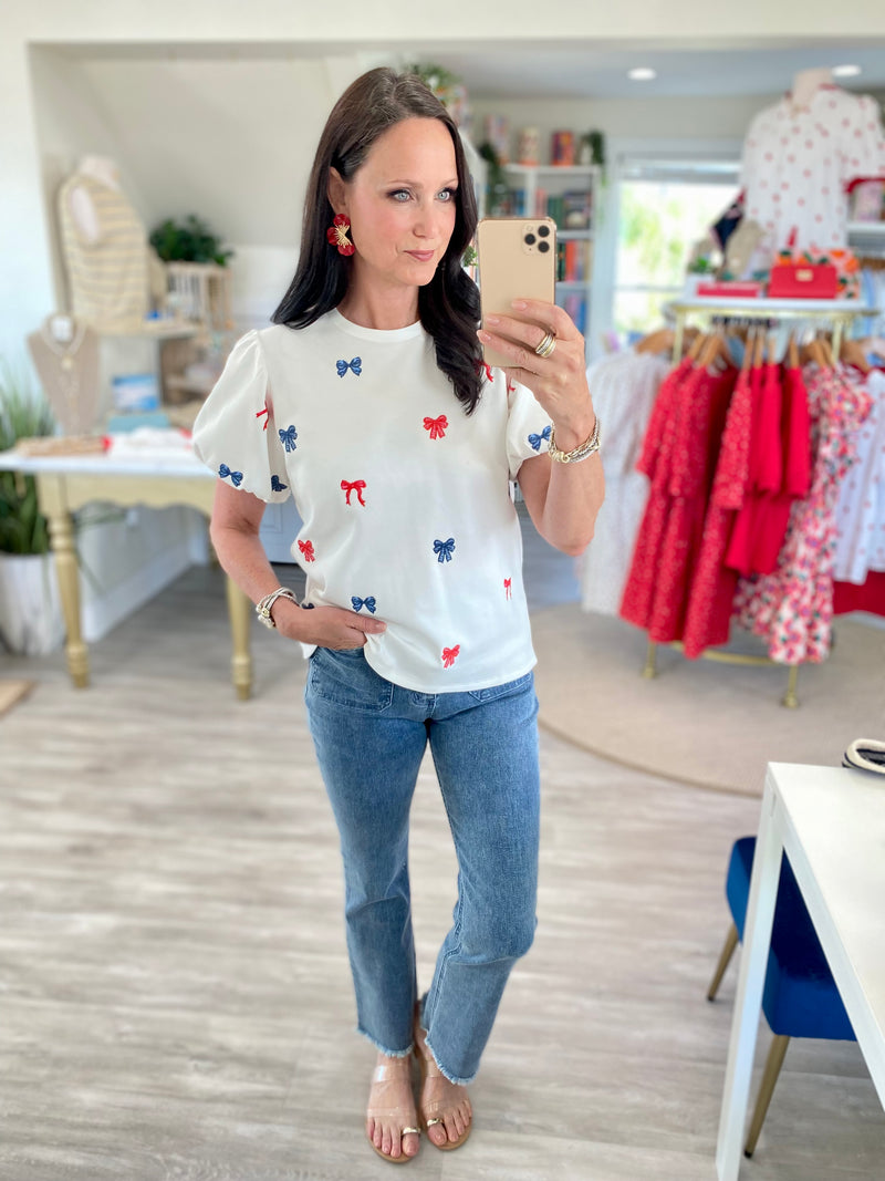 THML Embroidered Red and Blue Bow Knit Top