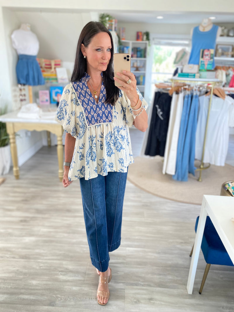 Boho Print Puff Sleeve Blouse